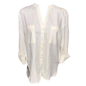Anne Klein White Linen-Bld Button-Front Tunic Shirt Pockets Womens M Sustainable